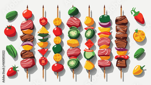 kebabs, colorful, arranged with vegetables and meat on skewers, on a light background
