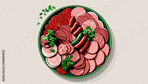 charcuterie platter, assorted meats, presented with garnishes, on a light background