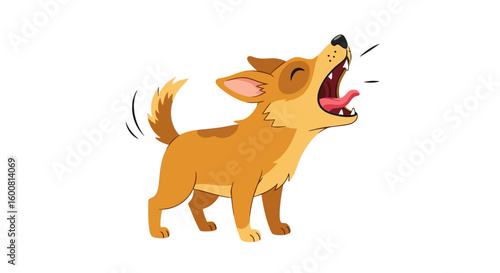 Animated depiction featuring a buoyant dog vocalizing with a swinging tail a cartoon canine full of personality
