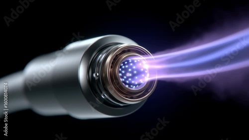 Neuromorphic Computing, A close-up of a glowing fiber optic cable emitting blue light strands against a dark background.