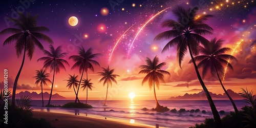 Tropical beach fireworks display under a vibrant sunset sky with palm trees