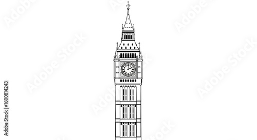 Architectural drawing of the iconic Elizabeth Tower, showcasing its unique Victorian design and clock face, a recognizable London landmark structure