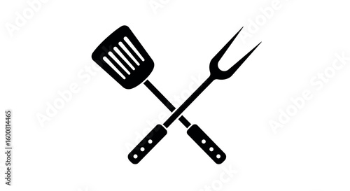 Silhouette of grilling utensils: spatula and fork crossed in iconic bbq design