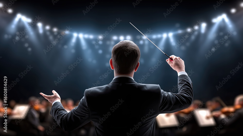 Obraz premium A conductor in a dark suit leads an orchestra under bright stage lights, holding a baton with raised arms