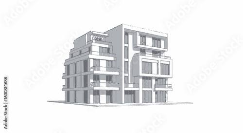 Artistic Architectural Rendering of a Modern Building Structure with Balconies and Window Designs, showcasing a stylish perspective of urban living