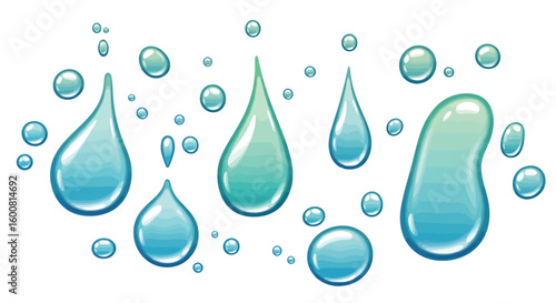 Transparent water droplets: realistic blue and green liquid shapes
