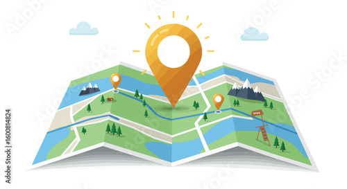 Folded map with location pins and scenic landmarks in cartoon style