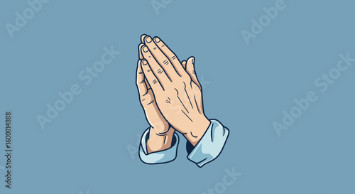 Praying hands gesture on blue background in detailed cartoon style