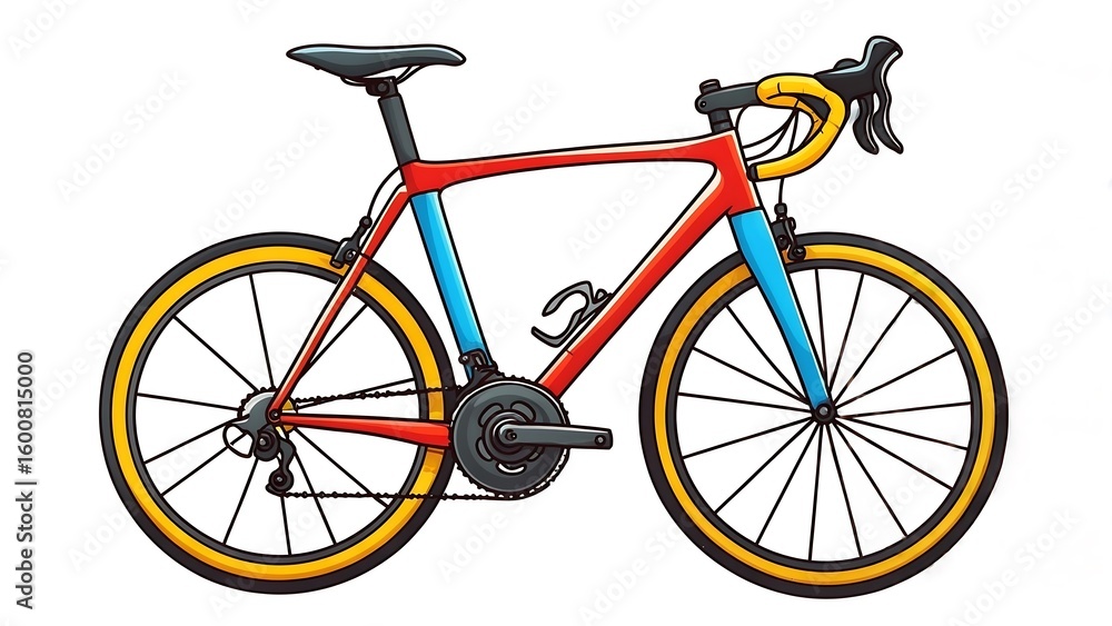Fototapeta premium Colorful Road Bike Illustration with Red Frame and Yellow Tires on White Background