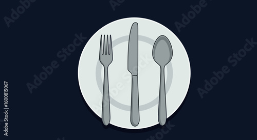 Minimalist flat design table setting with fork, knife, and spoon on plate