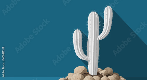 Monochromatic desert flora: An arid landscape composition featuring a stylized cactus against a serene backdrop, offering a stark yet calming visual