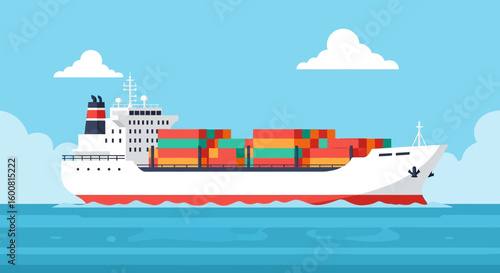 Seascape illustration showcasing a modern cargo ship carrying colorful containers across a tranquil ocean under a blue sky with clouds