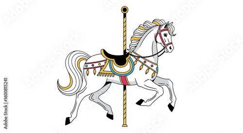 Illustrated carousel horse evokes nostalgia with its detailed decorations and classic fairground ride essence, creating a whimsical and joyful