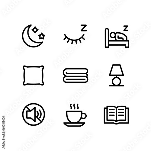 Collection of sleep and relaxation icons for bedtime routine