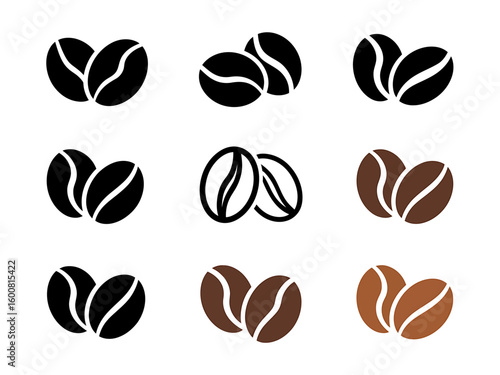 Collection of stylized coffee bean icons in various colors and styles