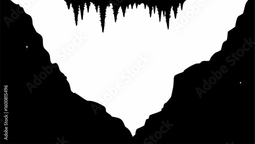 A black and white illustration of a cave entrance with stalactites and two small stars visible on the sides