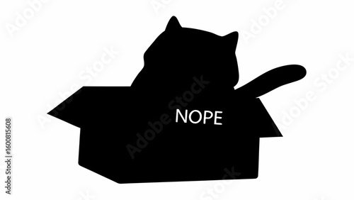 Silhouette of a cat inside a box with the word nope written on it against a white background image