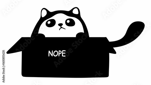 A grumpy cat with a tail is sitting inside a box that has the word nope written on the side of it