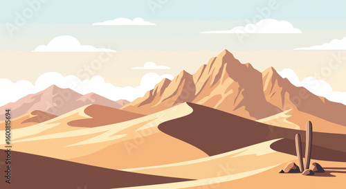 Serene desert landscape with sand dunes and distant mountains under a clear sky, vector illustration highlighting the arid beauty and tranquility,