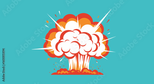 Stylized boom graphic explosion cloud with fire colors isolated against blue background emphasizing action and dynamic movement