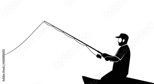 Silhouette of a fisherman in a boat casting his line against a stark white backdrop conveying serenity and angling anticipation