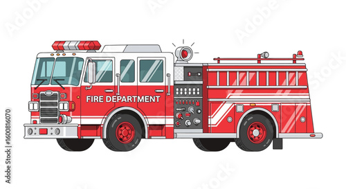 Detailed vector illustration of a fire engine emergency vehicle on white background, a symbol of rescue and safety, ready for action and swift