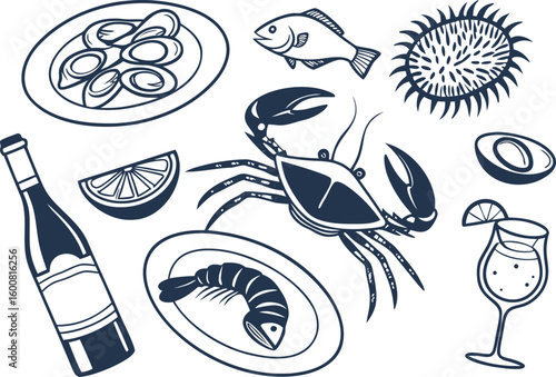 Hand-drawn vector seamless pattern set of sea animals, fish, and seafood illustrations for food and drink design