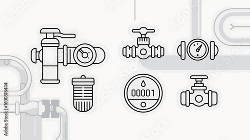 Vector Illustration of Plumbing System Components Valves Gauges Meters and Filters for Engineering Design and Water Management
