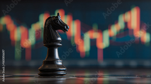 A black knight chess piece in front of a stock chart on a dark background in a studio shot