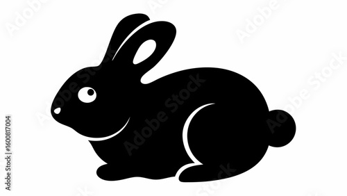 Stylized black silhouette of a rabbit with long ears and a fluffy tail sitting on a white background
