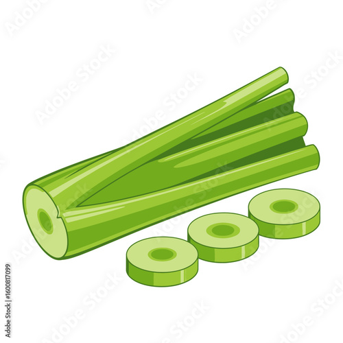 Fresh Green Celery Stalks and Slices Isolated on White Healthy Eating and Raw Vegetable Diet Concept Graphic