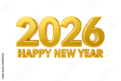 Golden 2026 happy new year text isolated on transparent background