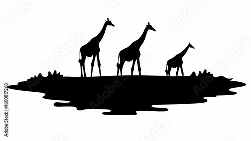 Silhouette of three giraffes standing on a dark land formation against a white background in monochrome art