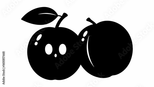 Illustration of two plums with one having a leaf and cartoonish eyes in black and white color scheme