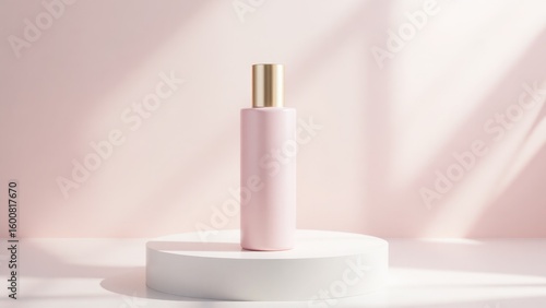 Wallpaper Mural Elegant Pink Perfume Bottle on White Pedestal; Soft Light, Minimalist Product Mockup. Torontodigital.ca