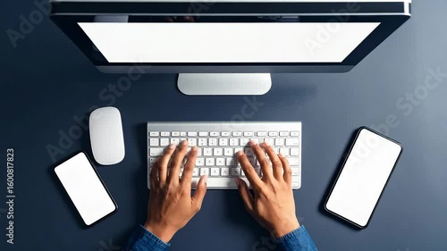 Overhead view of hands typing on keyboard at a modern workplace