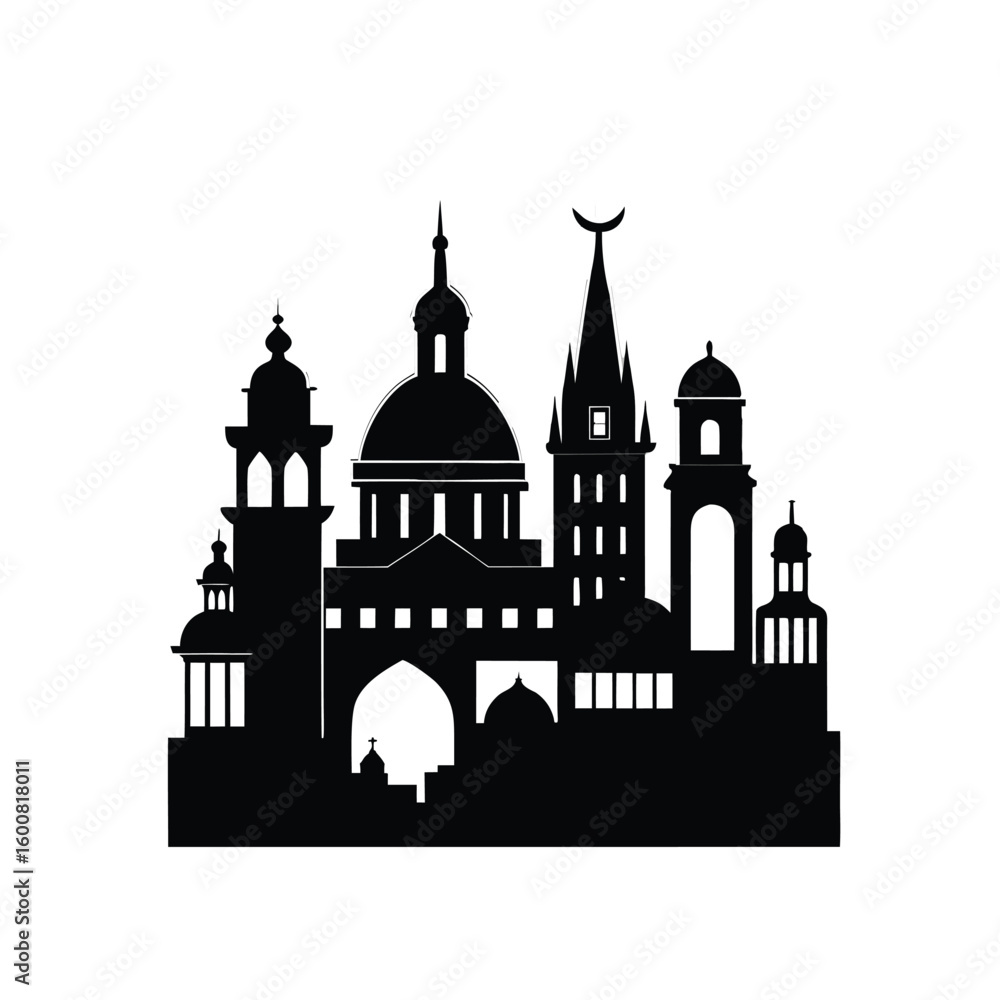 Obraz premium Silhouette of Classic European Cathedral – Religious Building Vector