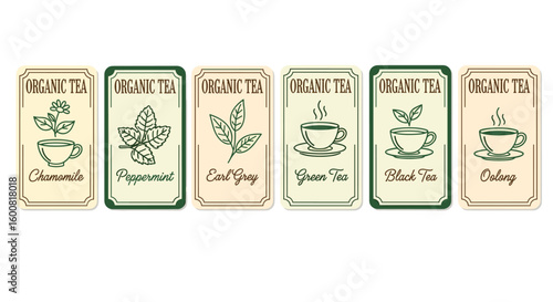 A collection of six vintage-style organic tea labels featuring illustrations of herbs and cups, promoting natural beverage options.