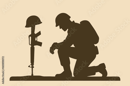 A solemn silhouette of a soldier kneeling in front of a battlefield cross, honoring fallen comrades with deep respect and remembrance.
