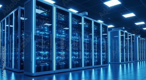 Rows of server racks in a data center with blue lighting