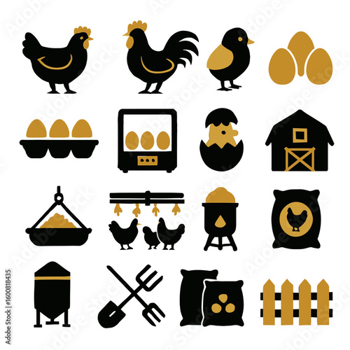 A collection of illustrated farm icons showcasing chickens, eggs, barns, and farming elements for agricultural and rural themes.