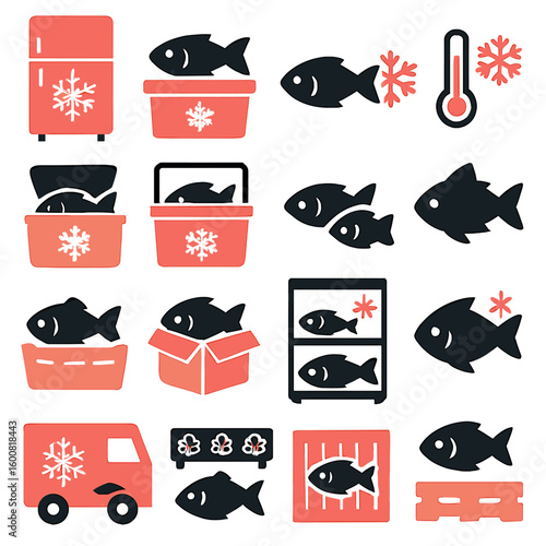 A collection of icons illustrating fish preservation, transportation, and storage, including refrigeration, freezing, and cooling techniques for seafood products.