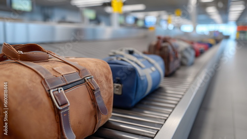 Luggage bag on the conveyor belt, at the baggage reclaim area of an airport.
