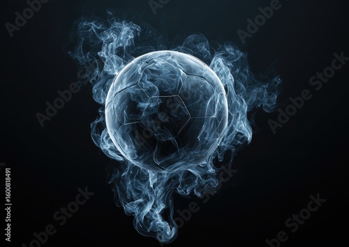 A soccer ball rendered in ethereal, swirling blue smoke against a dark background; a hazy, abstract depiction of the sport
