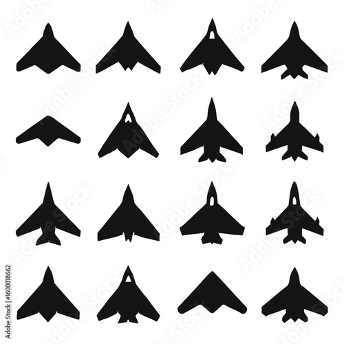 A collection of silhouetted jet aircrafts, showcasing various stealth fighter designs and configurations, perfect for aviation and military-themed concepts.