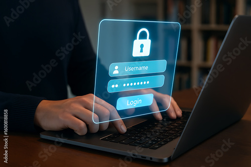 Person logging into secure digital system using laptop with glowing virtual login interface showing username and password fields for online identity protection