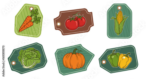 A colorful collection of illustrated vegetable tags, showcasing carrots, tomatoes, corn, lettuce, pumpkin, and bell peppers, perfect for culinary and agricultural designs.