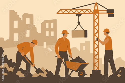 A construction site depicts construction workers and a crane working together for building construction, demolition, and reconstruction, showing teamwork and architectural