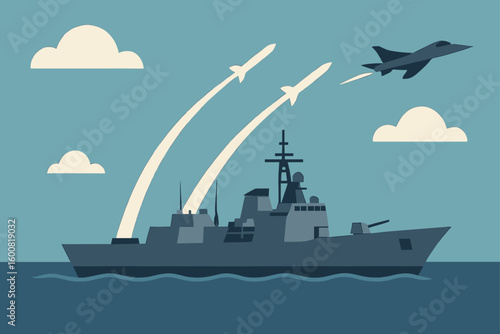 A stylized illustration depicts a naval warship launching missiles, with a jet fighter in the sky, symbolizing military power, warfare, and strategic defense.
