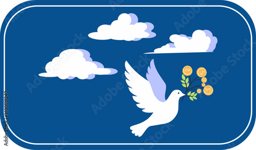 flat design illustration depicts a white dove soaring freely through a cloudy blue sky, carrying a leafy branch adorned with coins, symbolizing financial freedom.